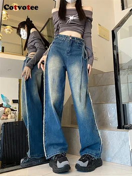 Cotvotee Vintage Džínsy pre Ženy 2023 Jeseň Zima Nové Módne Voľné Vysoký Pás Džínsy Elegantný Dizajn Bežné Kontrast Farieb Džínsy