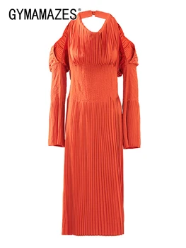 GYMAMAZES Minimalistické Šaty Pre Ženy s uväzovaním za Dlhý Rukáv Vysoký Pás Záhyby Elegantné Letné Šaty Ženské Módne Oblečenie 2023 Nové