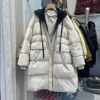 Lagabogy 2023 Nové Zimné Vintage Ženy Dlho Puffer Jacke Falošné Dva Dole Kabát Voľné Teplý Kabát Žena Chlieb Vetrovka S Kapucňou