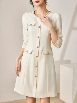 Office Lady Jeseň Elegantné Šaty S Dlhým Rukávom Lištovanie ONeck Vestidos Para Mujer 2023 Dizajnér Jednoduché, Bežné Biele Party Šaty
