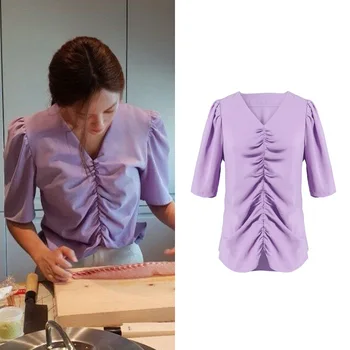 [Stock] Pei Xiuzhi rovnaké 2023 letné nový dizajn zmysel nika skladaný slim elegantné krátkym rukávom, blúzky, ženy