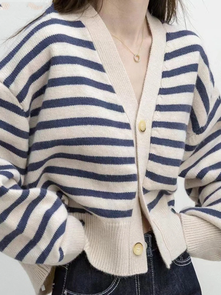Krátke Pruhované Pletených Cardigan Bundy Ženy kórejský Voľné Svetre Žena Bežné tvaru Knitwear Kabátov, Pletených Topy