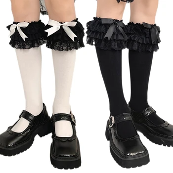1 Pár Ženy, Dievčatá, Sladké Čierne Biele Kolená Vysoké Ponožky Bowknot Rozstrapatené Zdobené Čipkou Trim Japonský Študent Pančuchy