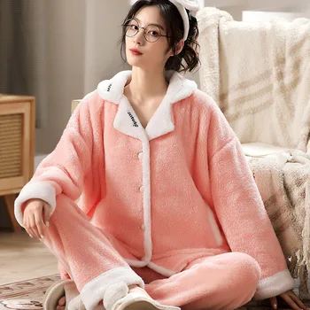 2023 Jeseň Zima Flanelové Teplé Pyžamo Nastaviť Ženy Long Sleeve Domov Vyhovovali Sleepwear Dlho Velvet Zahustiť Pyžamá Sady M-2XL