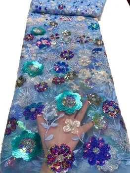 2023 Najnovšie Afrike Výšivky Čistý Čipky s Multi Blue Flitrami 3D Kvet, francúzsky Tylu Čistý Korálkové Textílie, Strana urob si sám