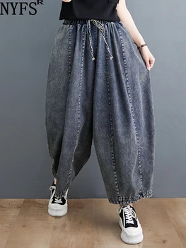 2023 Nový Vintage Bavlna Žena Džínsy Voľné Plus Veľkosť Elastický Pás Džínsové Nohavice Bloomers