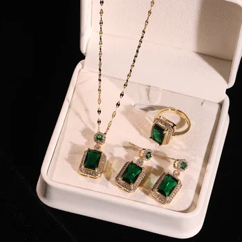 3ks Luxusné Emerald Šperky Set Red Crystal Turmalín Náhrdelníky Náušnice, Prsteň pre Ženy Nádherné Svadobné Hostiny, Šperky