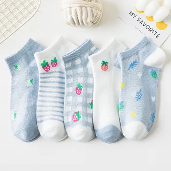 5 Párov Ponožky, Papuče Cartoon Ovocie Tlač Roztomilý Letné Nový Vzor, Módne, Pohodlné Ponožky Domov Črievičku Ponožky, Pletené Členok Ponožka