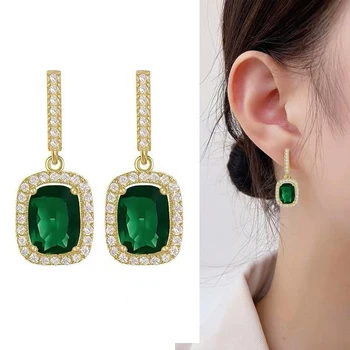 925 Strieborná Ihla Vintage Luxusné Green Crystal Náušnice Pre Ženy Šperky 2023 Trendov Nové Štvorcový Zirkón dámske Náušnice Kvapka