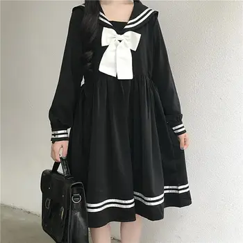 Black Lolita Šaty Žien Luk Patchwork Voľné Japonský Preppy Štýl Námorník Golier Kawaii Dlhý Rukáv Šaty Jk Dievča Oblečenie