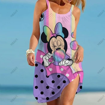 Disney Minnie Mickey Mouse Lete Elegantné Ženy Milujú Tlačené Šaty Rameno O Krk Sexy Bez Rukávov Šatka Plážové Šaty Dizajn