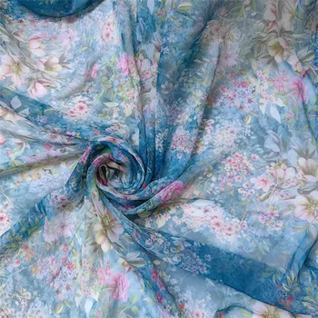 Haitang Kvet Blue Vytlačené Georgette 10 Momme 100% Hodváb Tenké Transparentné DIY Letné Oblečenie pre Ženy Čistý Hodvábny Šifón Textílie