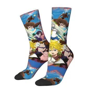 Hip Hop Retro Manga Blázon pánske kompresné Ponožky Unisex Sedem Smrteľných Hriechov Anime Street Style Vzor Vytlačené Zábavné Posádky Ponožky