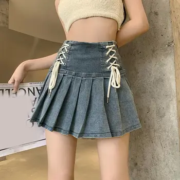 HOUZHOU Skladaný Denim Sukne Ženy kórejský Módne Kawaii Krajky-up Vysoký Pás A-line Sexi Džínsy, Sukne Bežné Streetwear Lete
