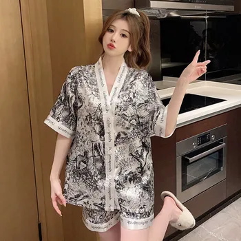 Kimono Štýle Lete Pajama Set pre Ženy, Voľné Pohodlné Krátke Rukávy Pyžamo Šortky oblečenie pre voľný čas Dvoch-dielny Set Sleepwear Oblek