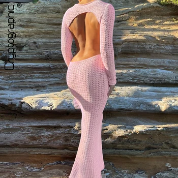 Kryptografické Pletené Sexy Backless Maxi Šaty Party Fashion Dlhý Rukáv Vidieť Cez Ružové Šaty pre Ženy Jeseň Roku 2023 Oblečenie