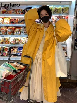 Lautaro Jar Jeseň Dlho Nadrozmerné Elegantné Žltá Zákopy Srsti pre Ženy Singel svojim Voľné Bežné kórejský Módne Oblečenie 2023