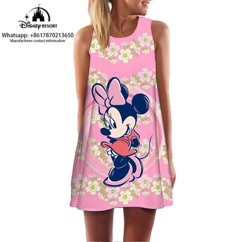 Letné Beach Club Disney Kolekcia Minnie Mouse Cartoon 3D Tlačené Šaty bez Rukávov Streetwear Boho Žien O Krk Šaty 2023