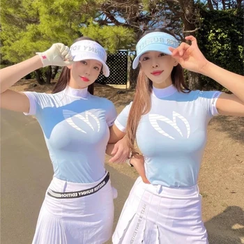 Letné dámske Golf Stand Krku Krátky Rukáv Vytlačené T-shirt Bočné Priedušné a Odvod Potu-Korean Golf dámske oblečenie