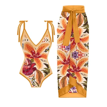 Letné Tropické Tlače Jednodielne Šaty, Sexy Tvaru Plavky Elegantné Bowtie Krajky-Up Beach Oblečenie Remeň Bather Plavky 2023