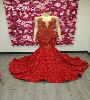 Luxusné Červené Sequin Večerné Šaty 2023 S Korálkami Crystal Elegantné Aso Ebi Morská Víla Prom Šaty Pre Black Dievčatá Narodeniny Formálne Šaty