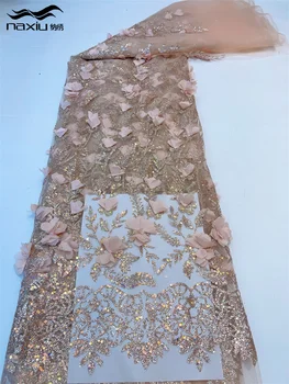 Madison-Luxusné Afriky Čipky Textílie, 3D Kvet Tylu Čipky Textílie, Vyšívané Nigérijský Tkaniny pre Šitie, 5 Metrov