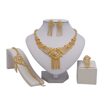 Marockej arabčine Vlastné Šperky Set Žena Kvalitné Svadobné Dubaj 18K Zlatom Sady Náhrdelníky Náušnice, Náramok, Prsteň Šperk