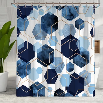 Modrá Geometrické Šesťhranné Sprchové Závesy Nepremokavé Tkaniny Kúpeľňa Záclonové Háčiky s 3D Farebnými Vaňa Obrazovke Wc Oblasť