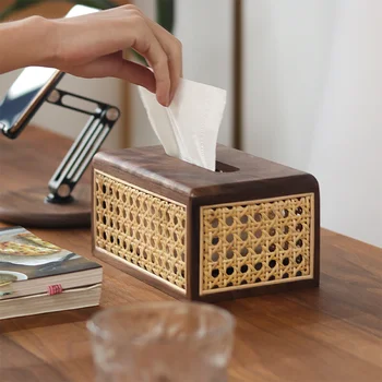 Nordic masívneho dreva ratan tkané tkaniva box, moderný minimalistický papierové krabice, obývacia izba, domáce čierne orechové drevo