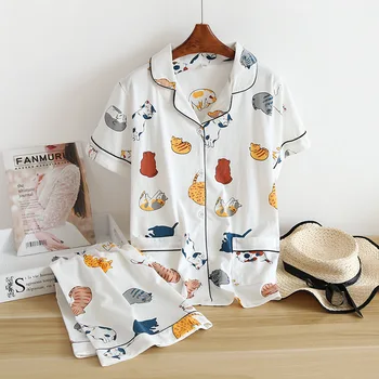 Nové 100% bavlna-krátke rukávy šortky dámske pyžamo nastaviť roztomilý kreslený pyžamo Japonský jednoduché krátke pyžamo ženy sleepwear