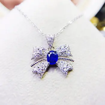 Prírodné reálne blue sapphire náhrdelník prívesok Motýľ štýl 925 sterling silver 4*5mm 0.5 ct drahokam, Jemné šperky J237215