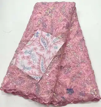 RUŽOVÁ Luxusné Afriky Ručné Korálkové Čipky Textílie 2023 Kvalitné francúzske Výšivky Nigéria Čistý Čipky Tkaniny pre Šitie