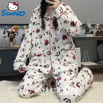 Sanrio Hello Kitty Zimný Coral Velvet Načechraný Pyžamo Sady pre Ženy Roztomilé Mäkké Teplé Pribrala Flanelové 2 Ks Pyžamá Oblek