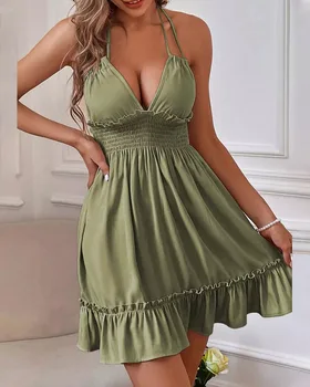 Shirred Prehrabať Lem Okolo Bežné Šaty 2023 Ženy Y2k Zelená Vysoký Pás Swing Šaty Letné Vestidos Ceruzka Party Šaty, Sexy