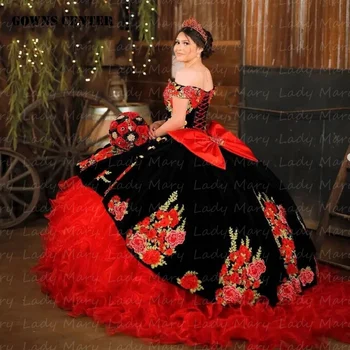 Tradičné Mexické Červená Quinceanera Šaty Kvetinový Ramena Princezná Plesové Šaty, Veľký Luk Dievča Narodeninovej Party Vestidos 15