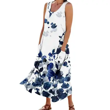 Voľné Ženy Nádrž Šaty letné 2023 Vintage Kvet Maľovanie Tlač Vrecká Backless A-line Veľké Lem Lady Dlho Maxi Šaty