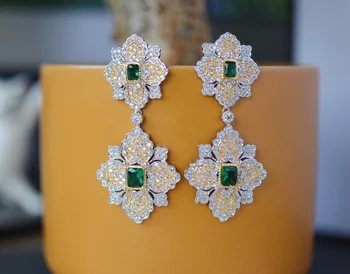 ZOCA Vintage Four Leaf Clover Smaragdové Náušnice Kvapka Luxusné talianske Plavidlá 925 Silver Hrubé Zlaté Á Biely Zirkón Jemné Šperky