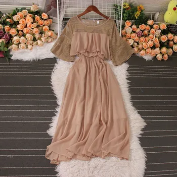 Šaty Pre Ženy Čipky Patchwork Vestidos ElegantesFemale O-krku Svetlice Rukáv Vintage Šaty Dámske kórejský Módne Dropshipping
