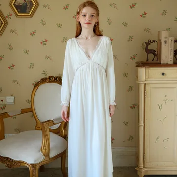 Ženy, Spodné Prádlo, Biele Dlhý Rukáv Sleepwear Vintage Nightdress Hlboko V Krku Oblečenie Pre Voľný Čas