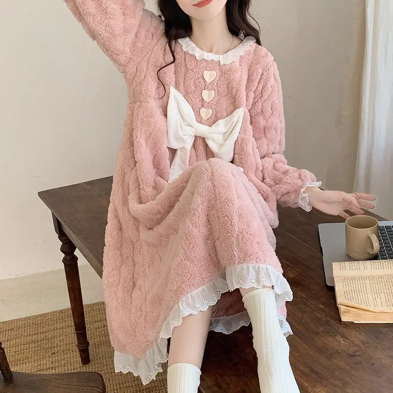 Dámske Zimné Hrubé Nightgowns kórejský Lady Sladké Bowknot Čipky Midi Dĺžka Pyžamo Šaty kórejský Roztomilé Srdce Ružové oblečenie pre voľný čas Žena