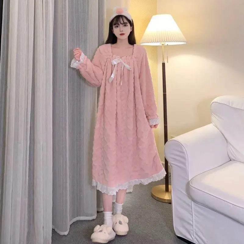 Dámske Zimné Hrubé Nightgowns kórejský Lady Sladké Bowknot Čipky Midi Dĺžka Pyžamo Šaty kórejský Roztomilé Srdce Ružové oblečenie pre voľný čas Žena