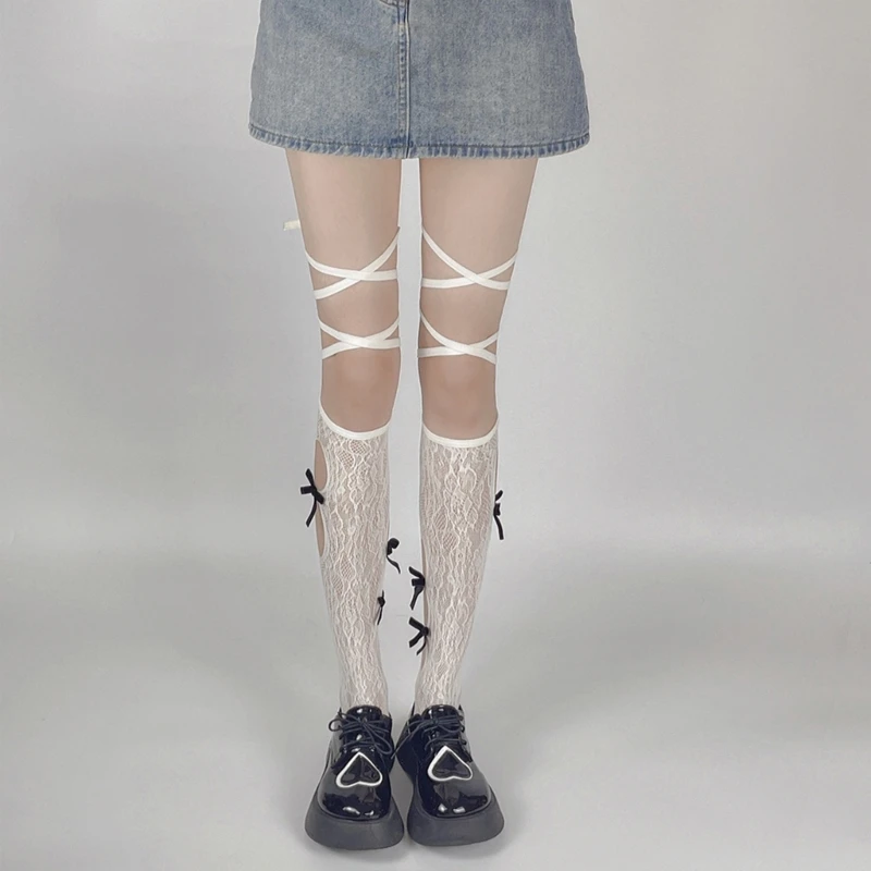 Krásne Bowknot Ponožky pre Dievča Lolita-Čipky Ponožky Letné Kolená Vysoké Ponožky JK Teľa Ponožky Iny Ženy FishnetPart-Toe Ponožky