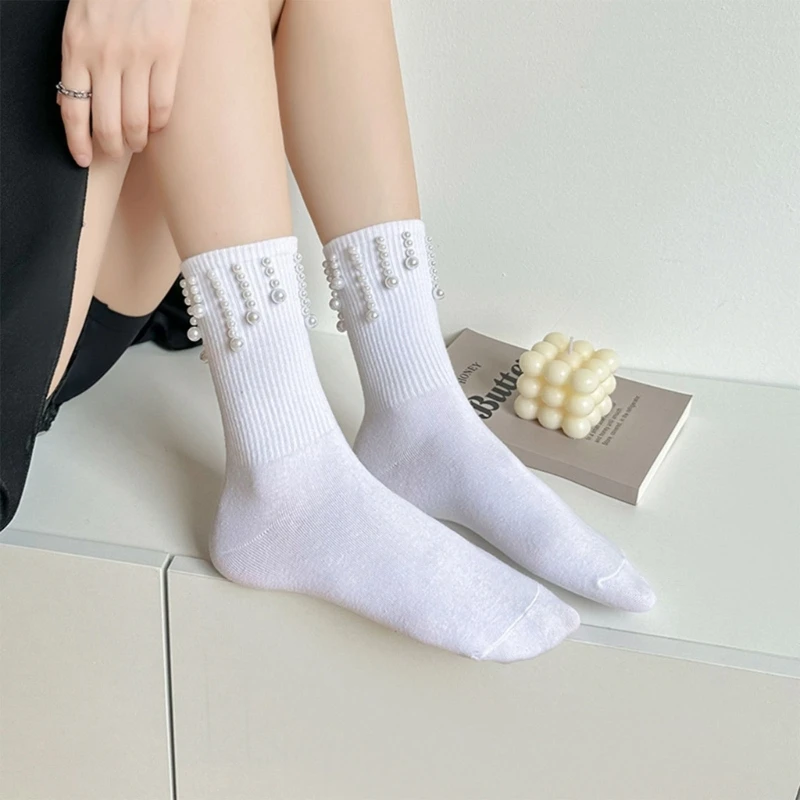 L93F Ženy Teľa Ponožky Strapce Pearl Ponožky Voľné Ponožky jednofarebné Ponožky Jednoduché Uprostred Trubice Ponožky Streetwear Darček