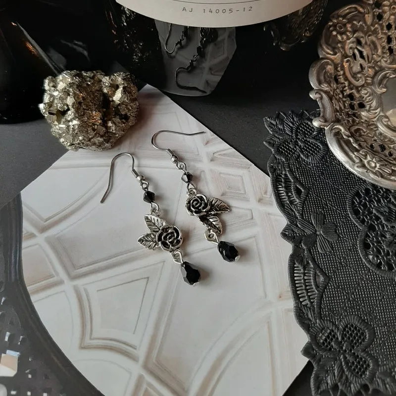 Nové Goth Rose a Black Crystal Náušnice Romantický Temná Čarodejnica Vintage Šperky Wiccan Minimálne Pohanské Witchy Bohyne Ženy Darček
