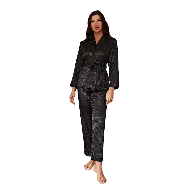 QSROCIO dámske Pyžamo Set Black Leopard Tlač Sleepwear Hodváb Ako oblečenie pre voľný čas Jednoduchý Nightgown Elegantné Domáce Oblečenie пижама женска