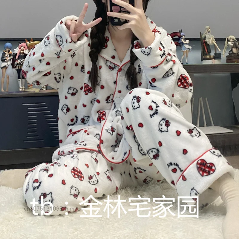 Sanrio Hello Kitty Zimný Coral Velvet Načechraný Pyžamo Sady pre Ženy Roztomilé Mäkké Teplé Pribrala Flanelové 2 Ks Pyžamá Oblek