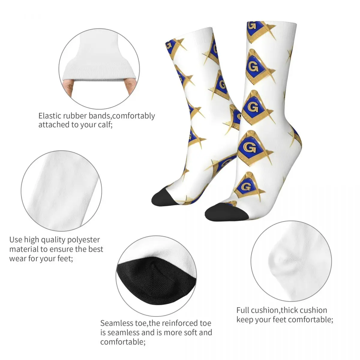 Vtipné pánske Ponožky Freemason Zlato Námestí Kompas Bielom Pozadí Slobodomurárstva Vintage Harajuku Novinka Posádky Ponožky Darček Vzor Vytlačené