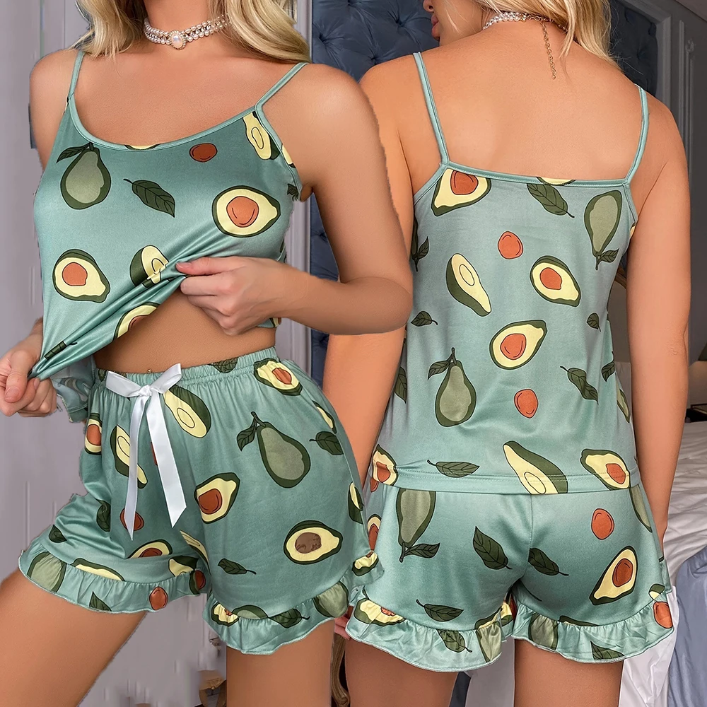 Zelená Tlač Avokádo Špagety Popruh Nové Letné Žena Sleepwear Pijamas Vyhovovali Voľné Domáce Oblečenie Podväzkové Pyžamo Set Spodnej Bielizne