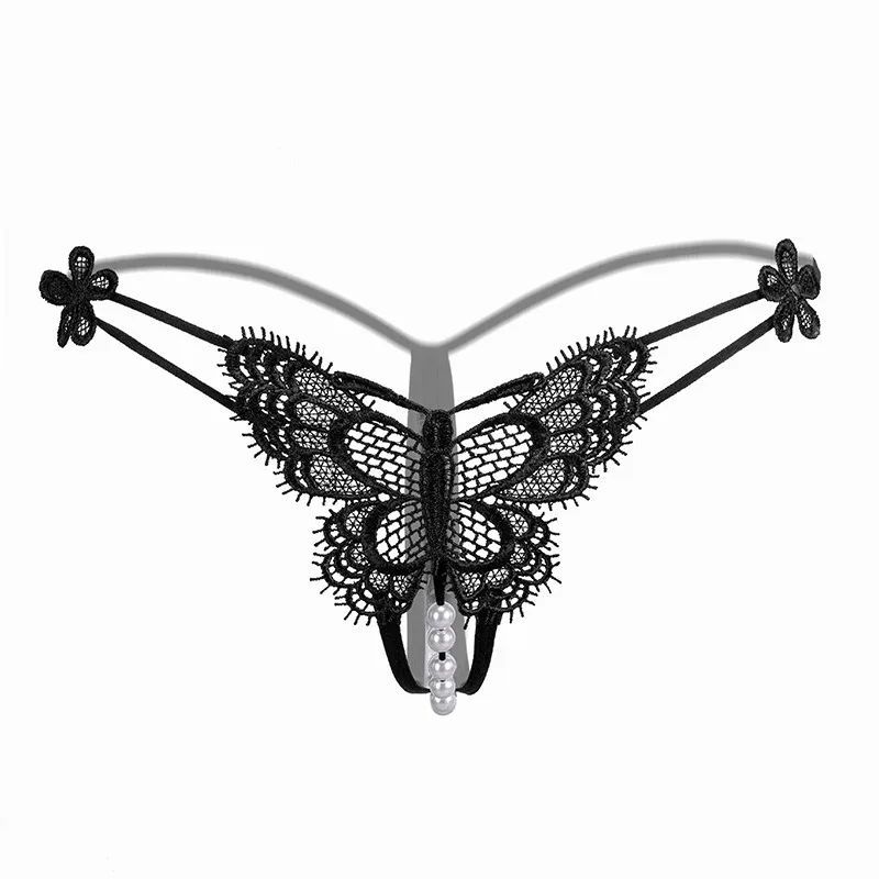 Čipky Transparentné T-Nohavice Otvorené Rozkroku s Pearl Tangá Nohavičky Sexy Motýľ Kvety Výšivky Č Mimo Colaless Neviditeľné Nohavičky