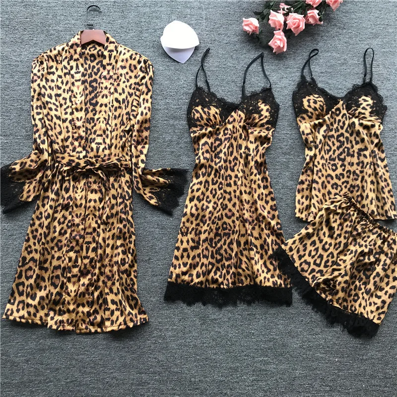 Ženy zmysel pre módne pyžamá jar nové dlhý rukáv žena ice hodváb módne leopard zrna sexy pyžamo